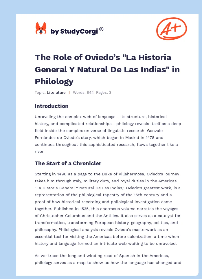 The Role of Oviedo’s "La Historia General Y Natural De Las Indias" in Philology. Page 1