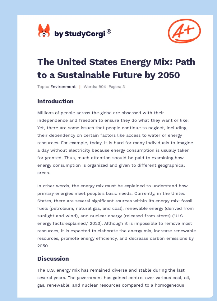The United States Energy Mix: Path to a Sustainable Future by 2050. Page 1