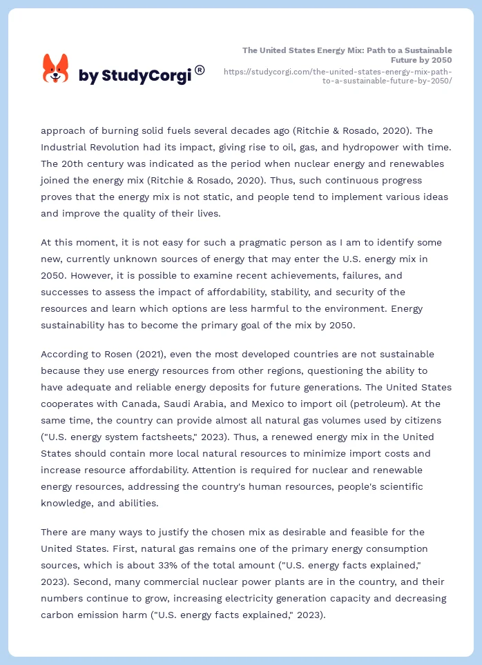 The United States Energy Mix: Path to a Sustainable Future by 2050. Page 2