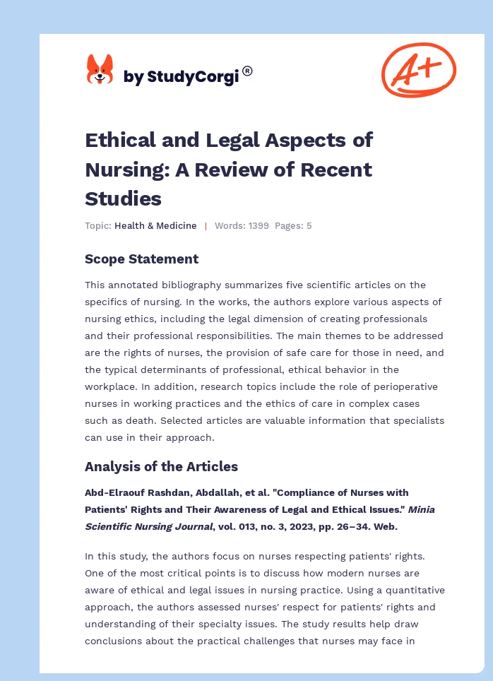 Ethical and Legal Aspects of Nursing: A Review of Recent Studies. Page 1