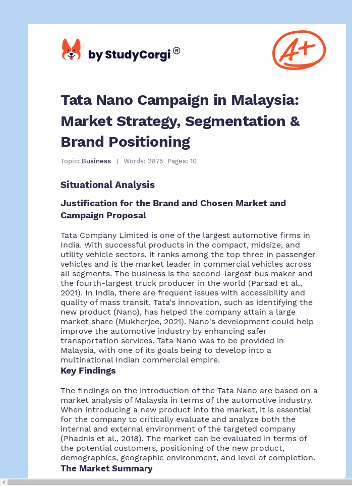 Tata Nano Campaign in Malaysia: Market Strategy, Segmentation & Brand Positioning. Page 1