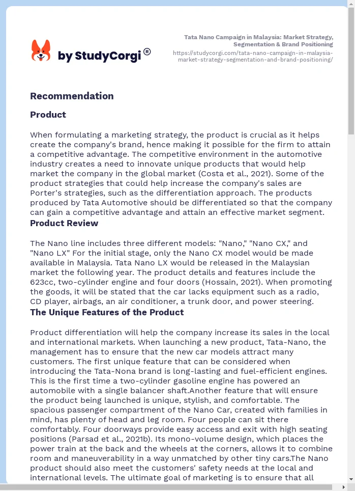 Tata Nano Campaign in Malaysia: Market Strategy, Segmentation & Brand Positioning. Page 2