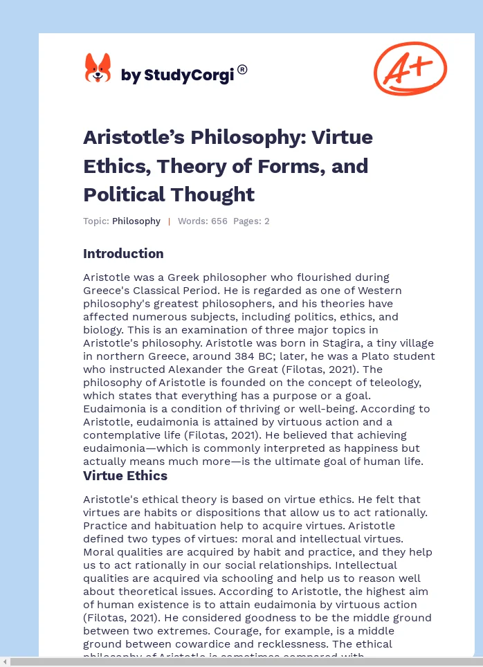 Aristotle’s Philosophy: Virtue Ethics, Theory of Forms, and Political Thought. Page 1