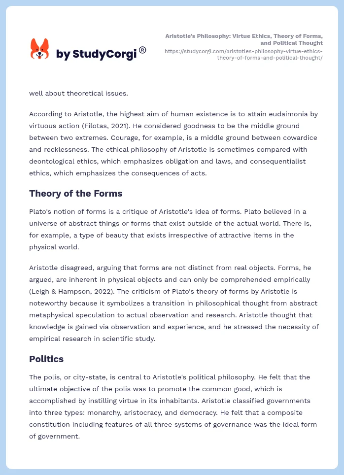 Aristotle’s Philosophy: Virtue Ethics, Theory of Forms, and Political Thought. Page 2