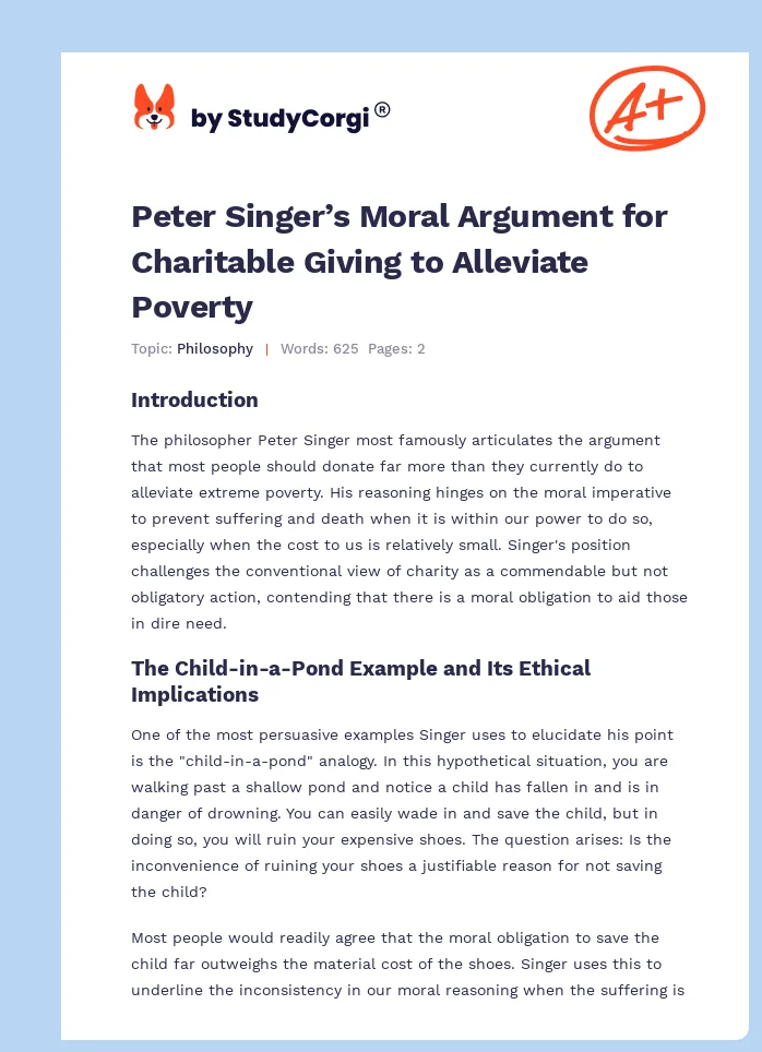Peter Singer’s Moral Argument for Charitable Giving to Alleviate Poverty. Page 1