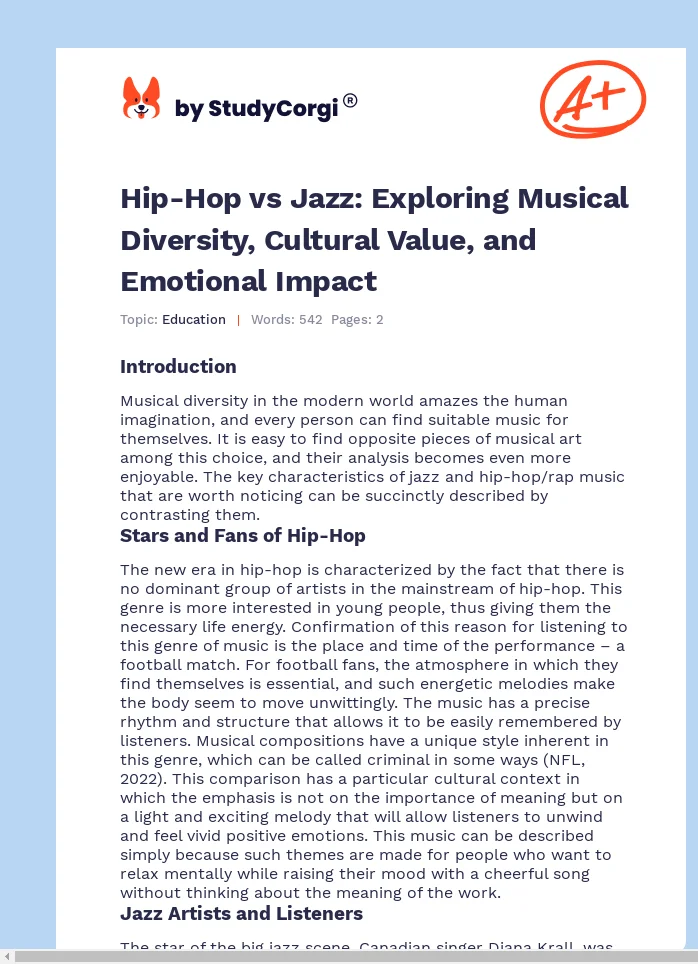 Hip-Hop vs Jazz: Exploring Musical Diversity, Cultural Value, and Emotional Impact. Page 1