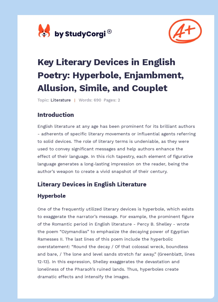 Key Literary Devices in English Poetry: Hyperbole, Enjambment, Allusion, Simile, and Couplet. Page 1