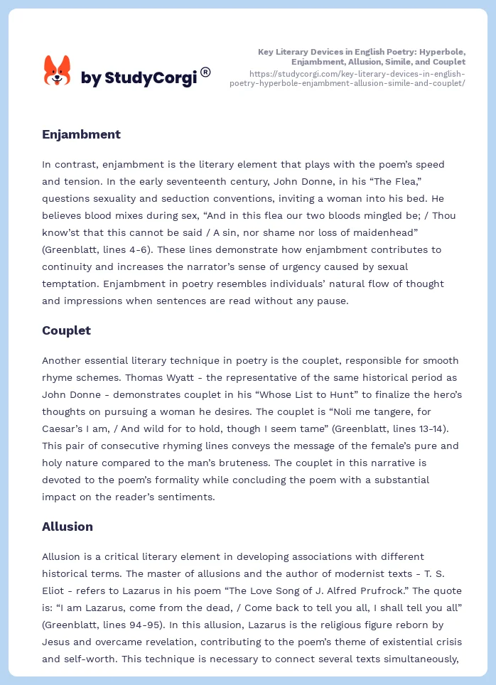 Key Literary Devices in English Poetry: Hyperbole, Enjambment, Allusion, Simile, and Couplet. Page 2