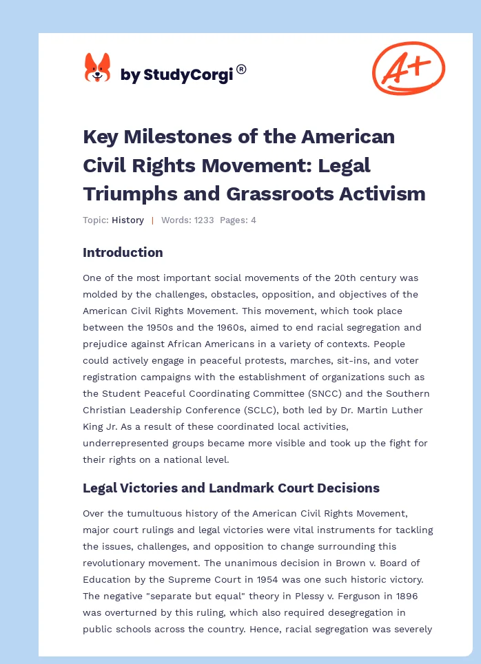 Key Milestones of the American Civil Rights Movement: Legal Triumphs and Grassroots Activism. Page 1