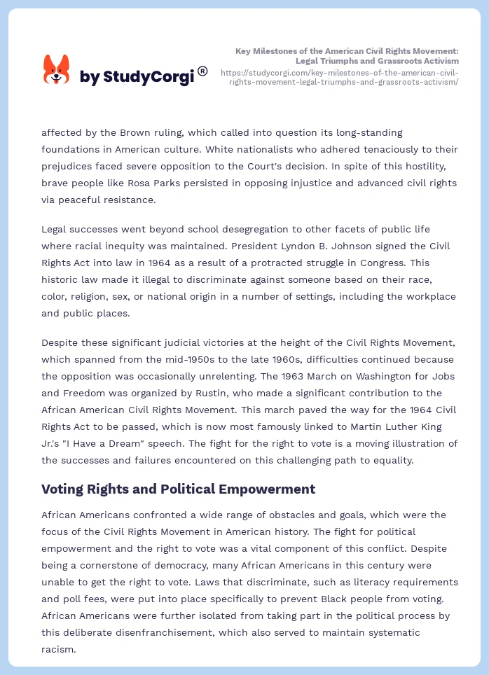 Key Milestones of the American Civil Rights Movement: Legal Triumphs and Grassroots Activism. Page 2