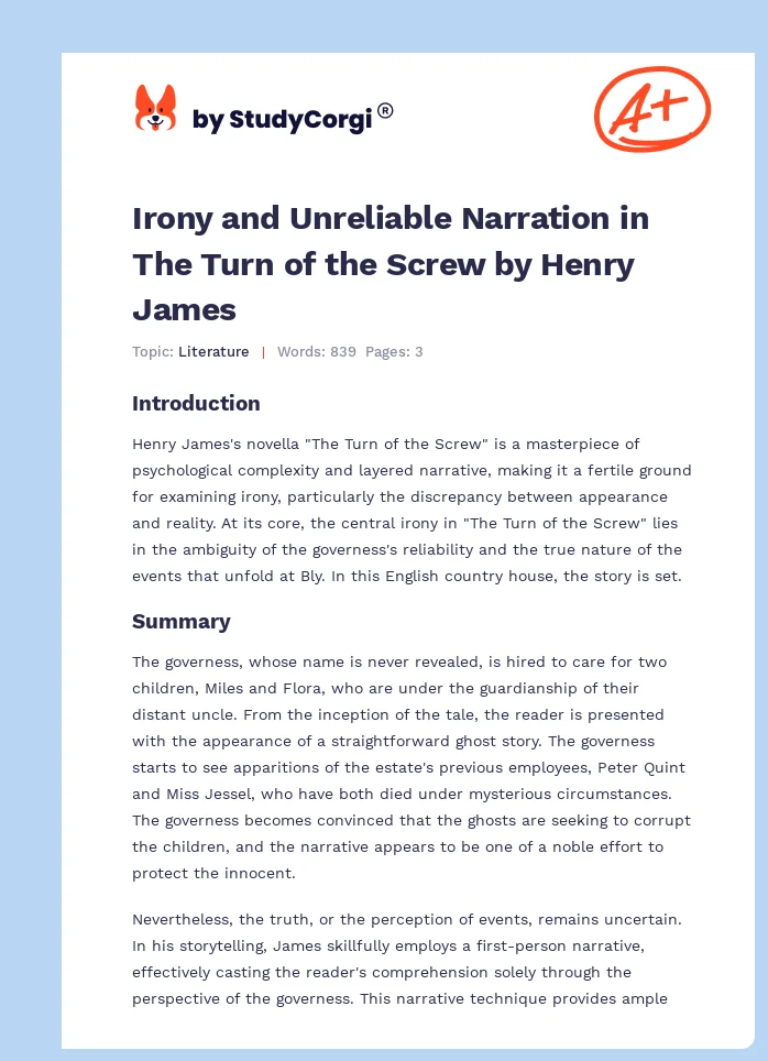 Irony and Unreliable Narration in The Turn of the Screw by Henry James. Page 1