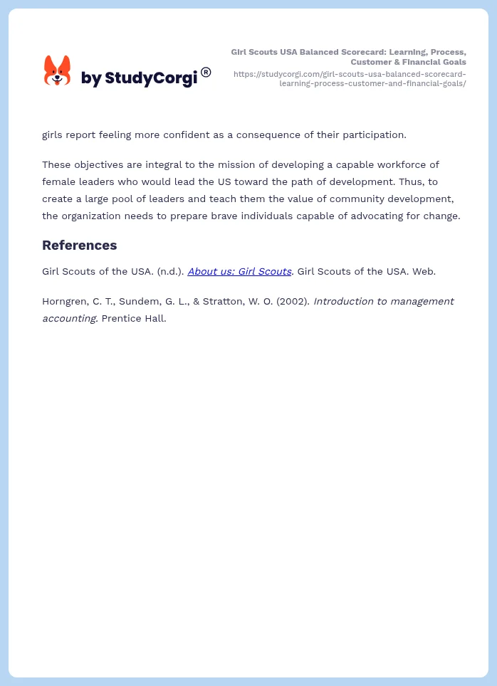 Girl Scouts USA Balanced Scorecard: Learning, Process, Customer & Financial Goals. Page 2