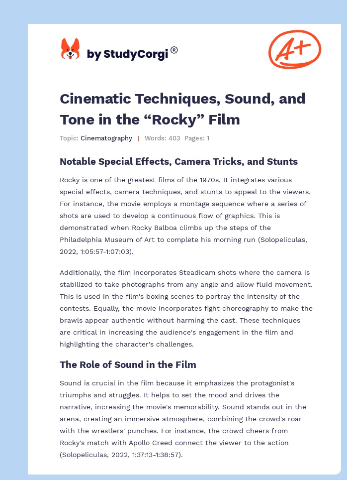 Cinematic Techniques, Sound, and Tone in the “Rocky” Film. Page 1