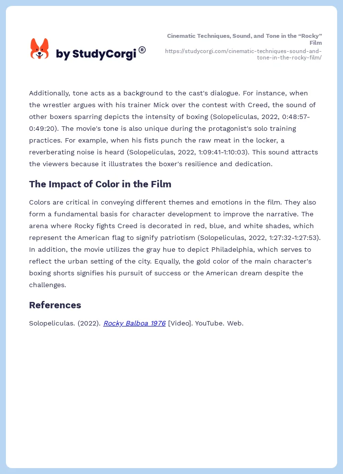 Cinematic Techniques, Sound, and Tone in the “Rocky” Film. Page 2