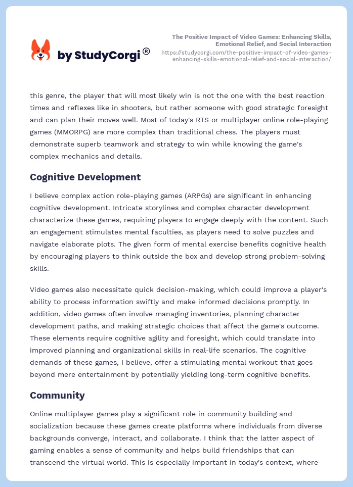 The Positive Impact of Video Games: Enhancing Skills, Emotional Relief, and Social Interaction. Page 2
