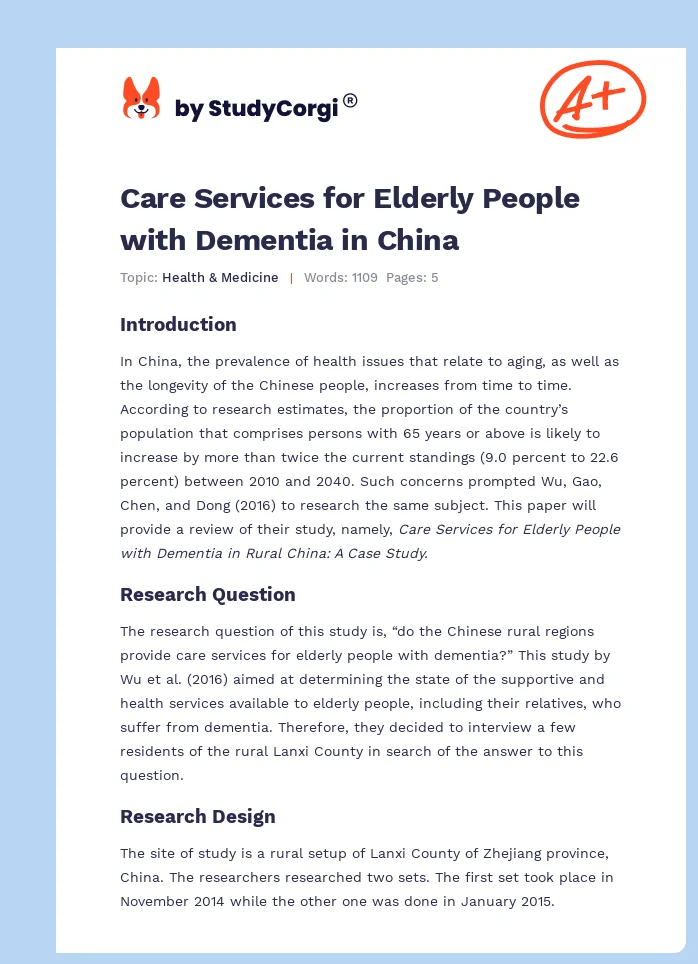 Care Services for Elderly People with Dementia in China. Page 1