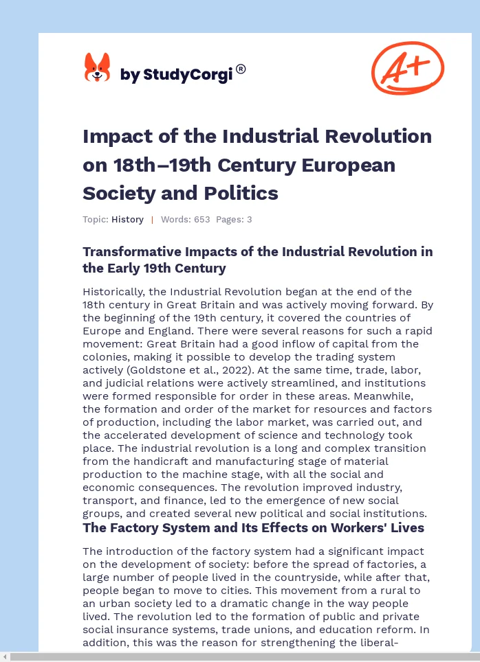 Impact of the Industrial Revolution on 18th–19th Century European Society and Politics. Page 1