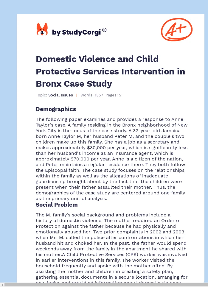 Domestic Violence and Child Protective Services Intervention in Bronx Case Study. Page 1