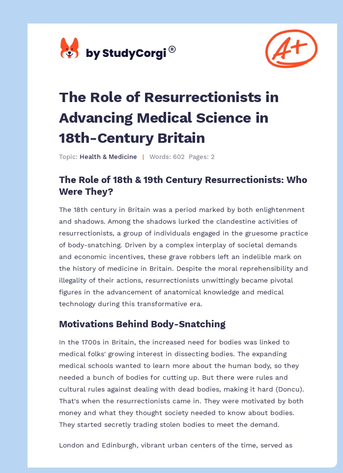The Role of Resurrectionists in Advancing Medical Science in 18th-Century Britain. Page 1