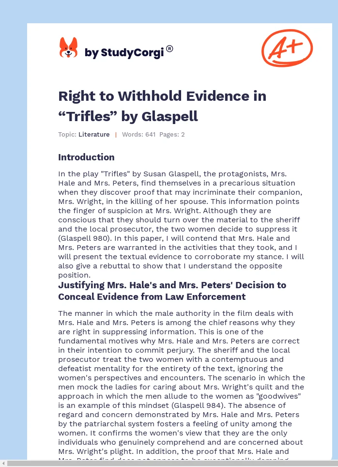 Right to Withhold Evidence in “Trifles” by Glaspell. Page 1