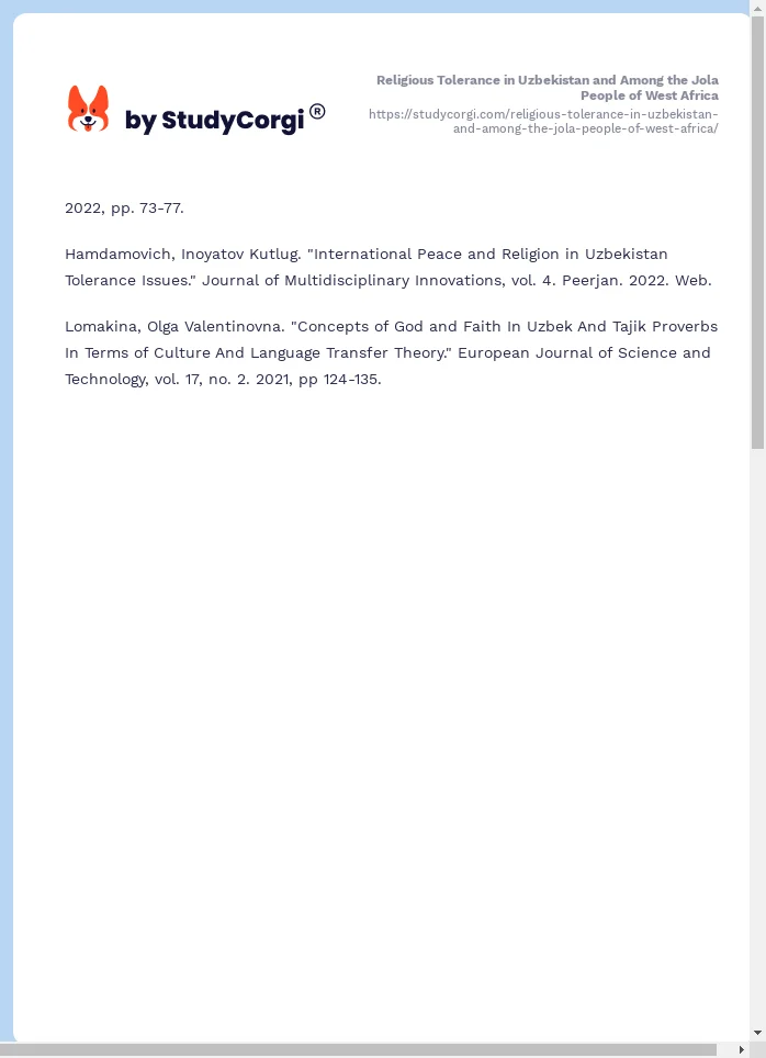 Religious Tolerance in Uzbekistan and Among the Jola People of West Africa. Page 2
