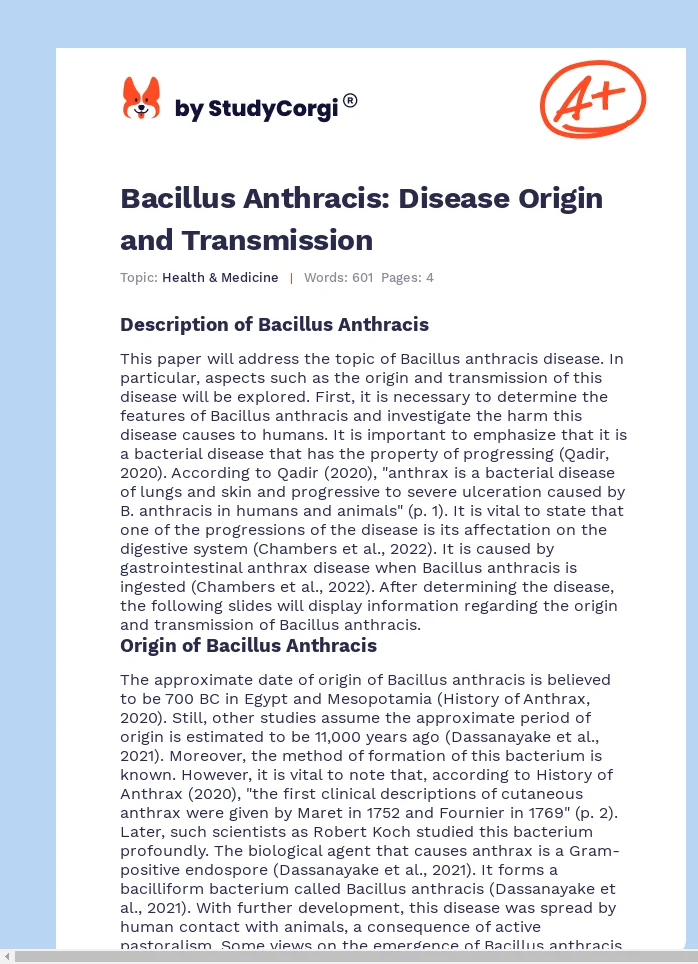 Bacillus Anthracis: Disease Origin and Transmission. Page 1