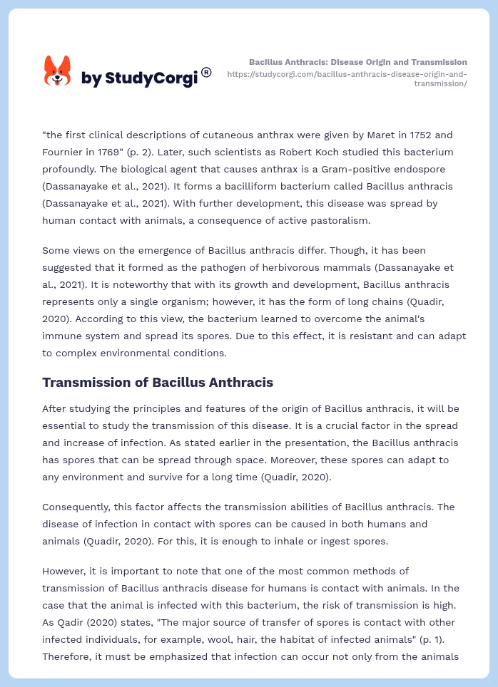 Bacillus Anthracis: Disease Origin and Transmission. Page 2
