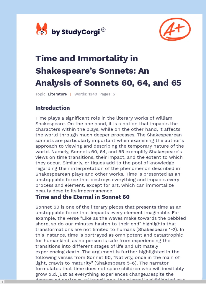 Time and Immortality in Shakespeare’s Sonnets: An Analysis of Sonnets 60, 64, and 65. Page 1
