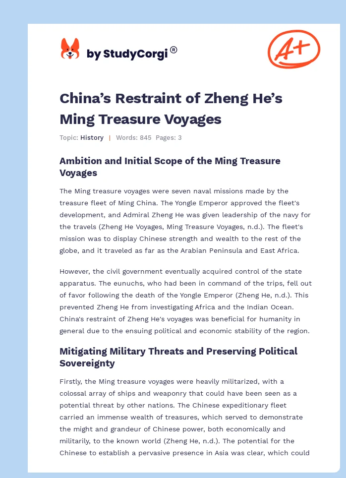 China’s Restraint of Zheng He’s Ming Treasure Voyages. Page 1