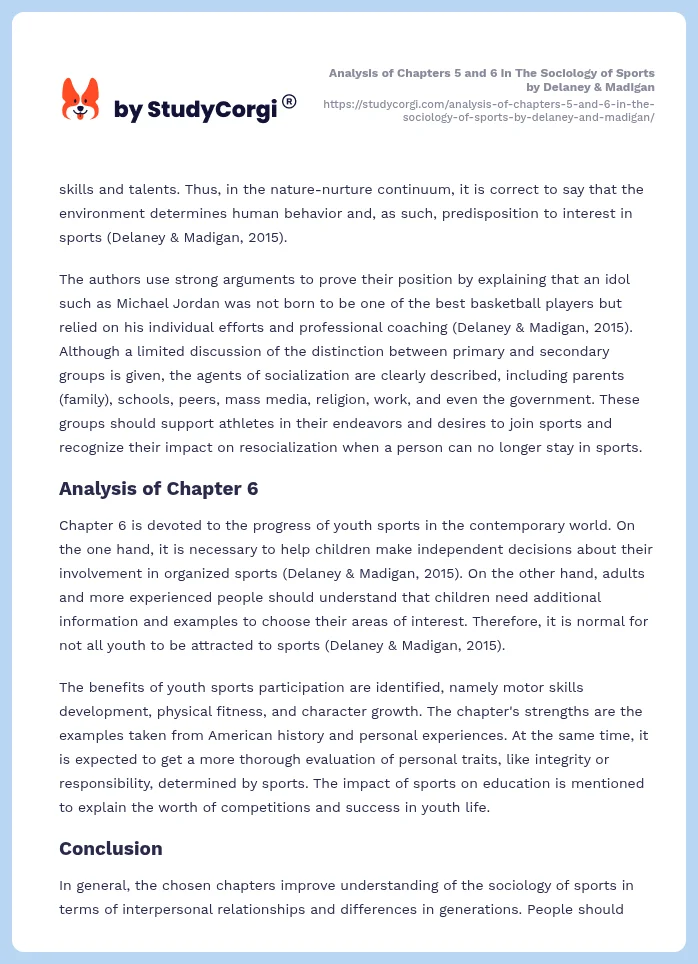 Analysis of Chapters 5 and 6 in The Sociology of Sports by Delaney & Madigan. Page 2