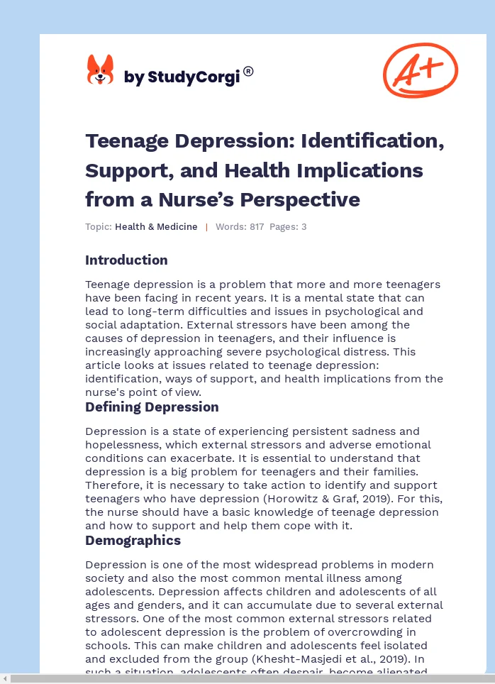 Teenage Depression: Identification, Support, and Health Implications from a Nurse’s Perspective. Page 1