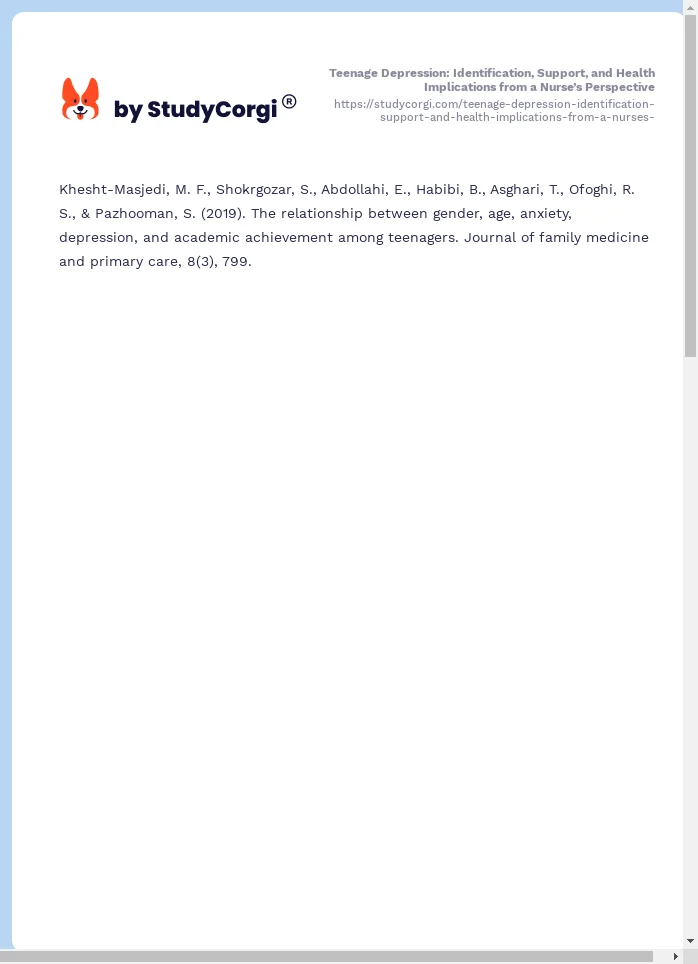 Teenage Depression: Identification, Support, and Health Implications from a Nurse’s Perspective. Page 2