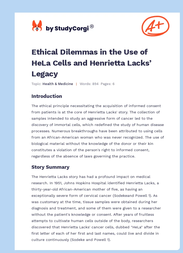 Ethical Dilemmas in the Use of HeLa Cells and Henrietta Lacks’ Legacy. Page 1