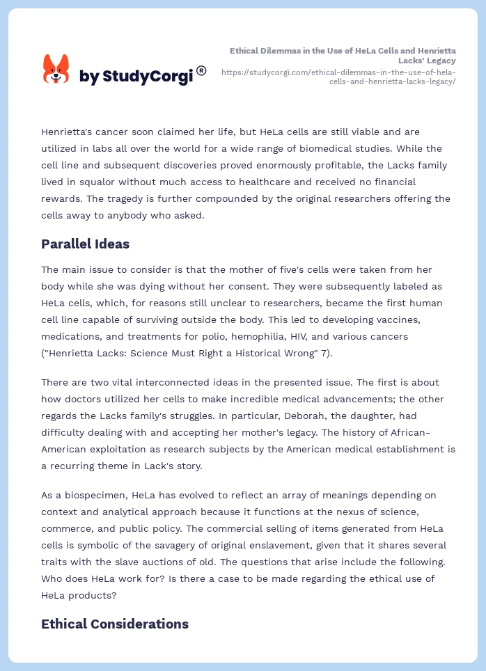 Ethical Dilemmas in the Use of HeLa Cells and Henrietta Lacks’ Legacy. Page 2