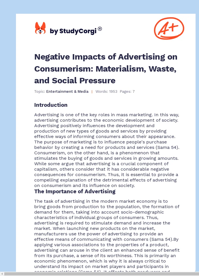 Negative Impacts of Advertising on Consumerism: Materialism, Waste, and Social Pressure. Page 1