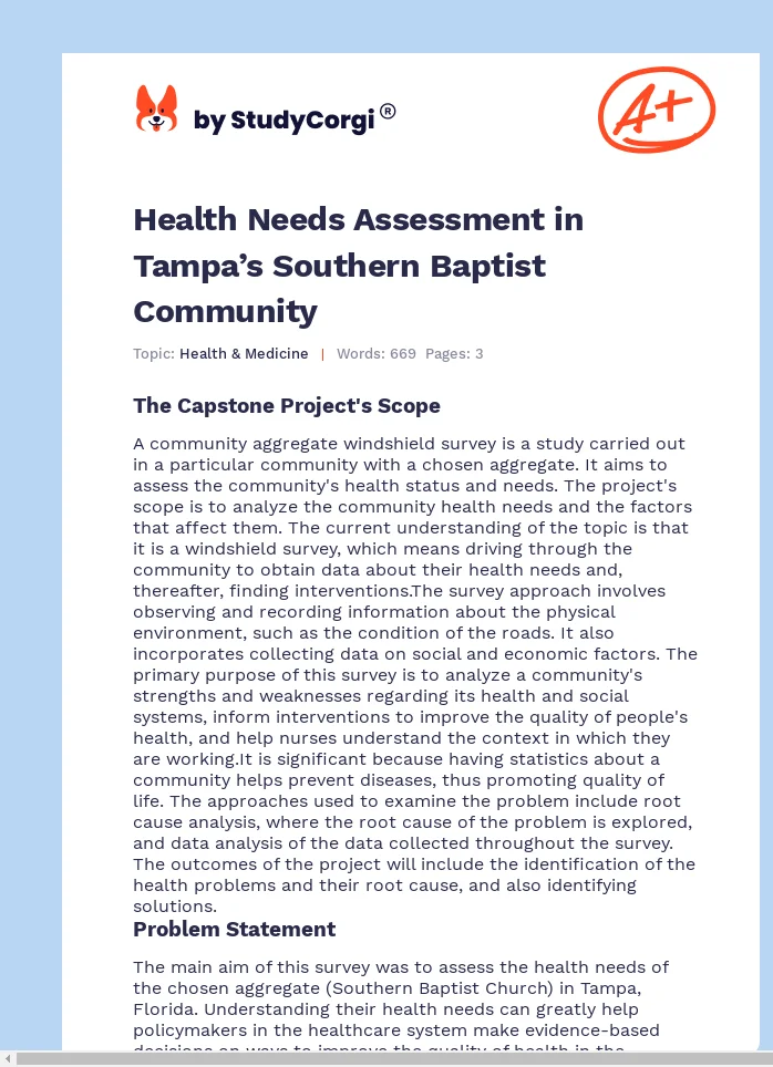 Health Needs Assessment in Tampa’s Southern Baptist Community. Page 1