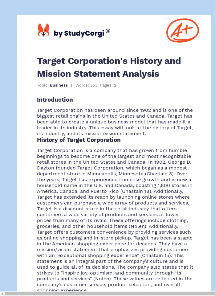 Target Corporation's History and Mission Statement Analysis. Page 1
