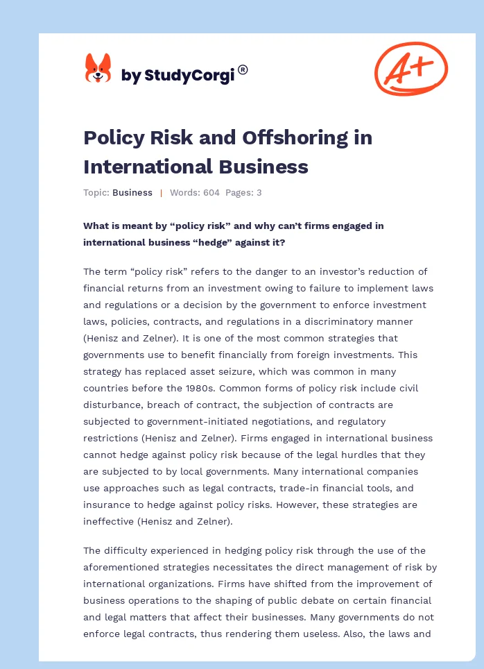 Policy Risk and Offshoring in International Business. Page 1