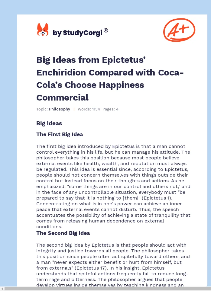 Big Ideas from Epictetus’ Enchiridion Compared with Coca-Cola’s Choose Happiness Commercial. Page 1