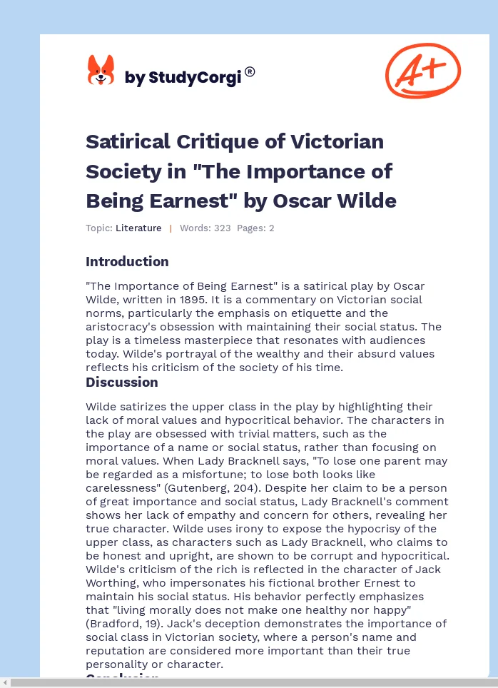 Satirical Critique of Victorian Society in "The Importance of Being Earnest" by Oscar Wilde. Page 1