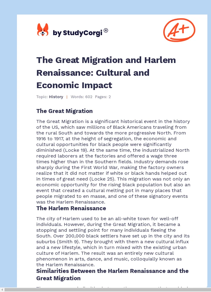 The Great Migration and Harlem Renaissance: Cultural and Economic Impact. Page 1