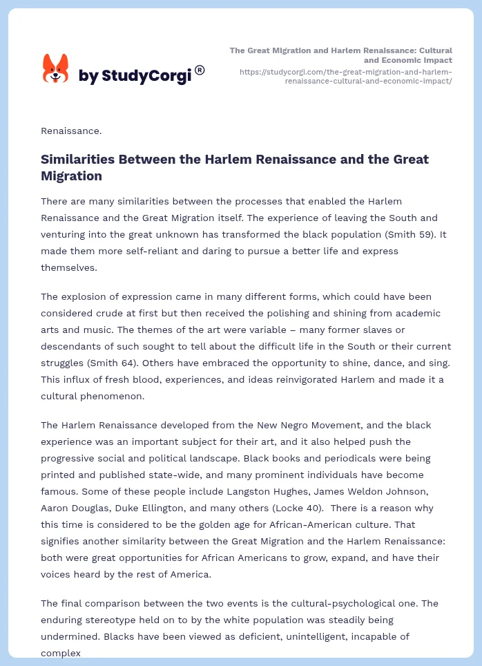 The Great Migration and Harlem Renaissance: Cultural and Economic Impact. Page 2