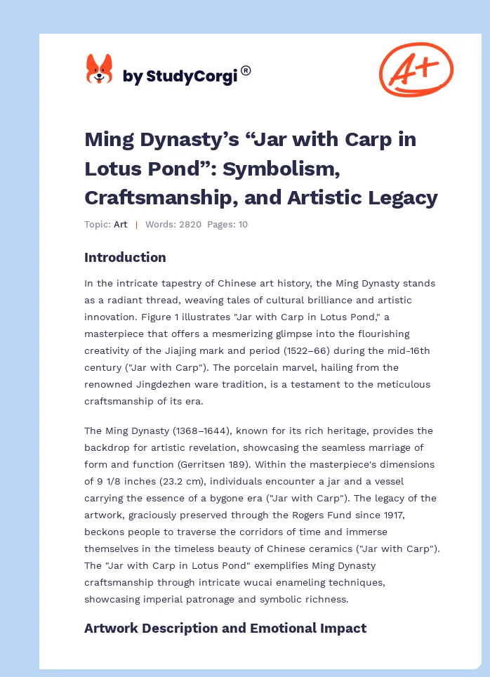 Ming Dynasty’s “Jar with Carp in Lotus Pond”: Symbolism, Craftsmanship, and Artistic Legacy. Page 1