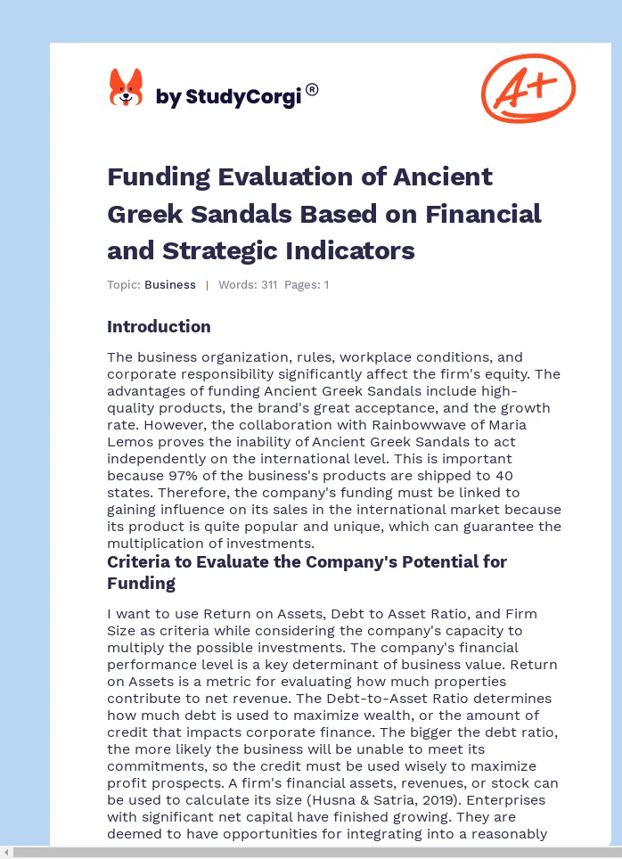 Funding Evaluation of Ancient Greek Sandals Based on Financial and Strategic Indicators. Page 1