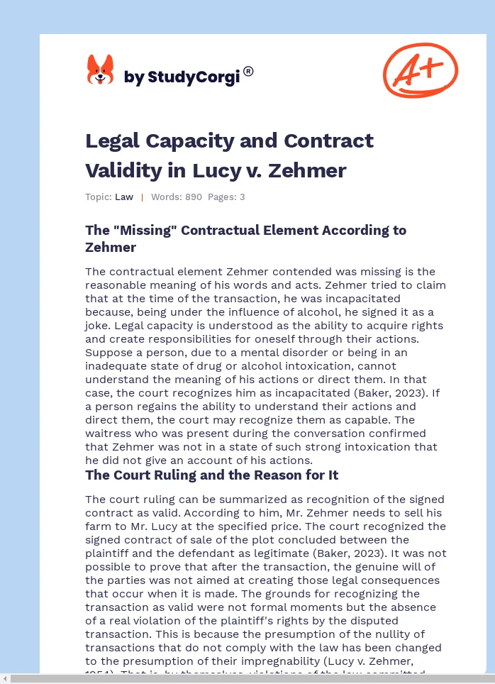 Legal Capacity and Contract Validity in Lucy v. Zehmer. Page 1