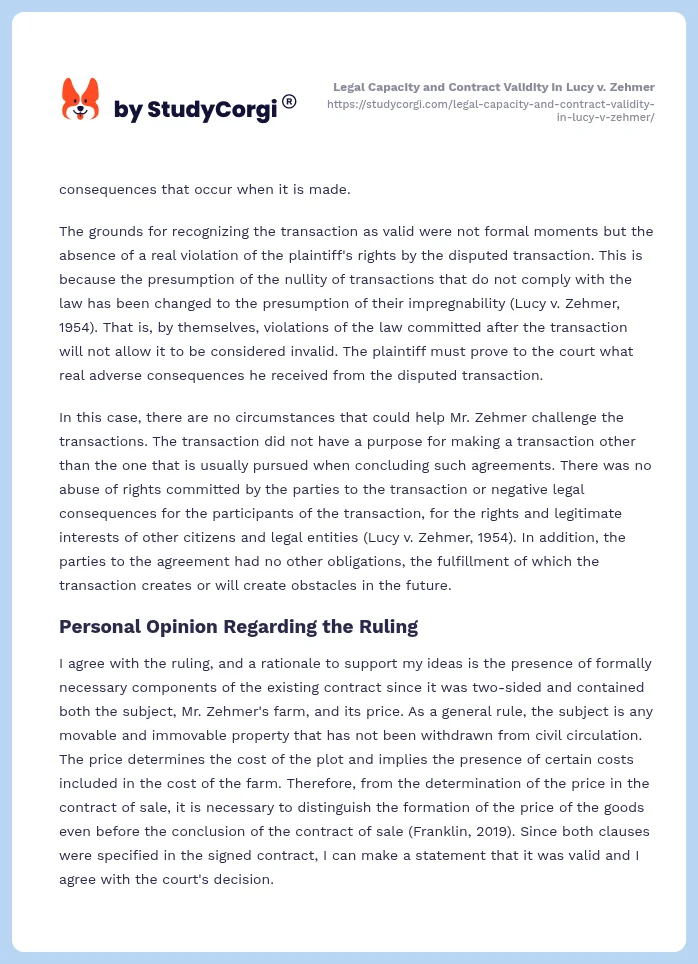 Legal Capacity and Contract Validity in Lucy v. Zehmer. Page 2