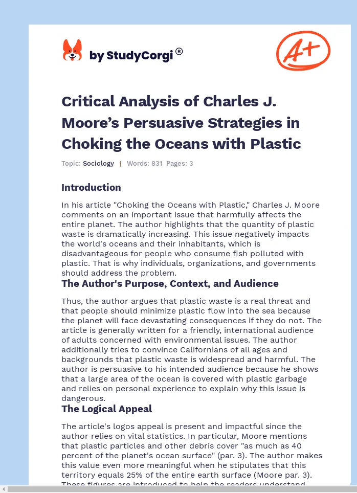 Critical Analysis of Charles J. Moore’s Persuasive Strategies in Choking the Oceans with Plastic. Page 1