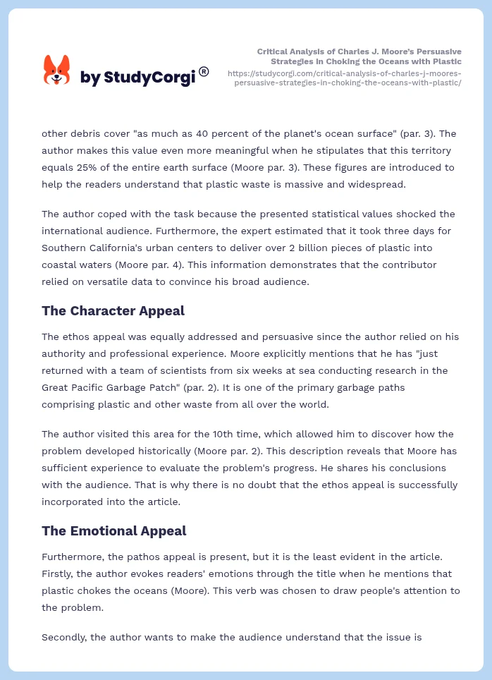 Critical Analysis of Charles J. Moore’s Persuasive Strategies in Choking the Oceans with Plastic. Page 2