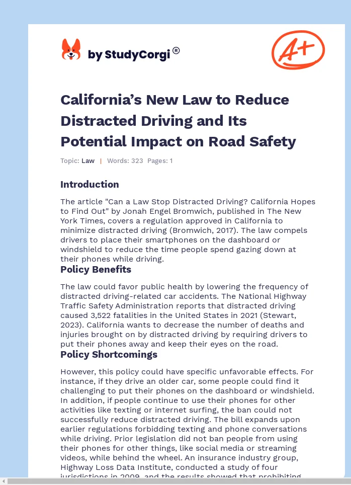 California’s New Law to Reduce Distracted Driving and Its Potential Impact on Road Safety. Page 1