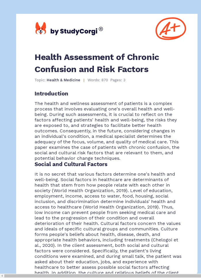 Health Assessment of Chronic Confusion and Risk Factors. Page 1